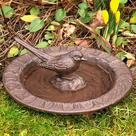 Esschert Design Cast Iron Sundial Bird Bath, Brown, 9.5" Dia.